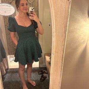 Altar'd State Green Fit and Flare Mini Dress with Puff Sleeves